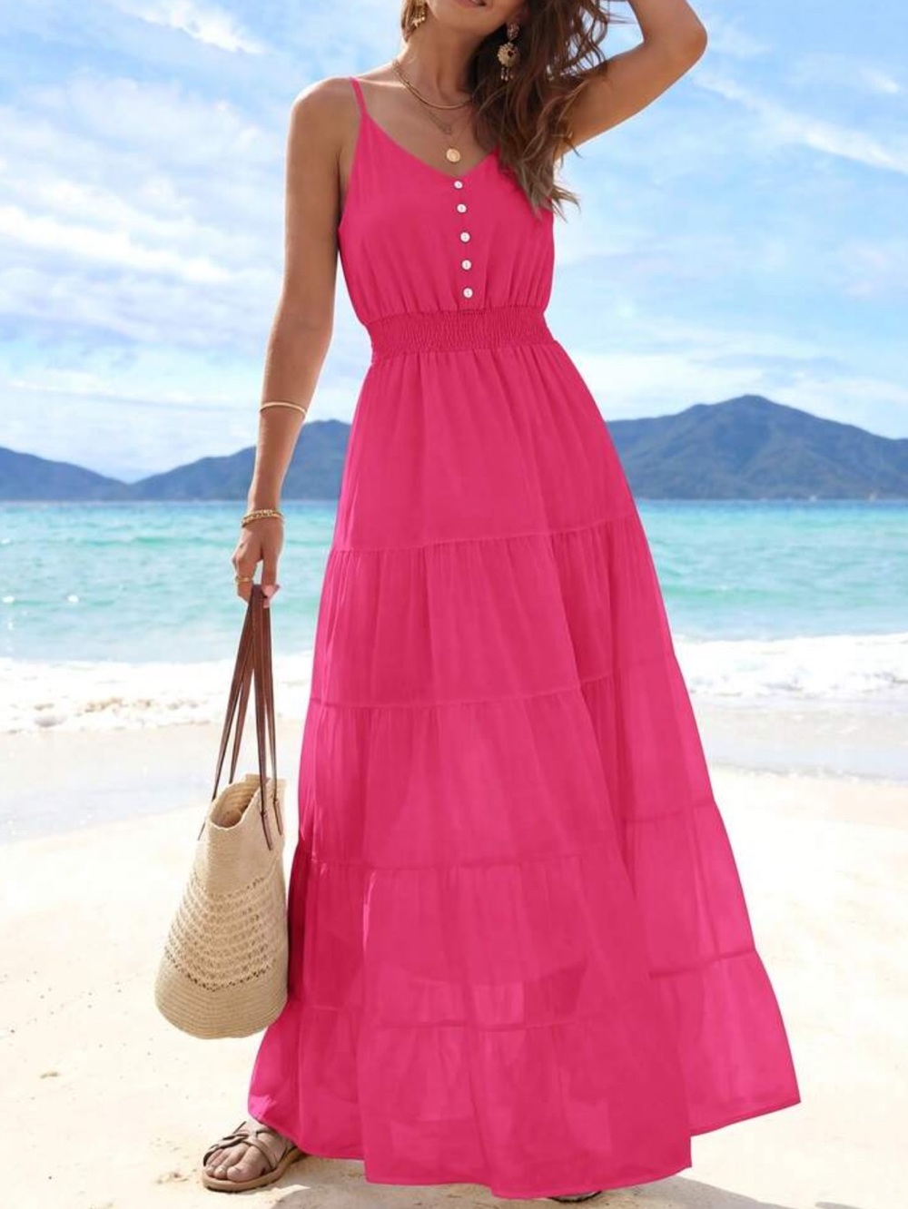Sleeveless Hot Pink Maxi Dress with Smocked Waist
